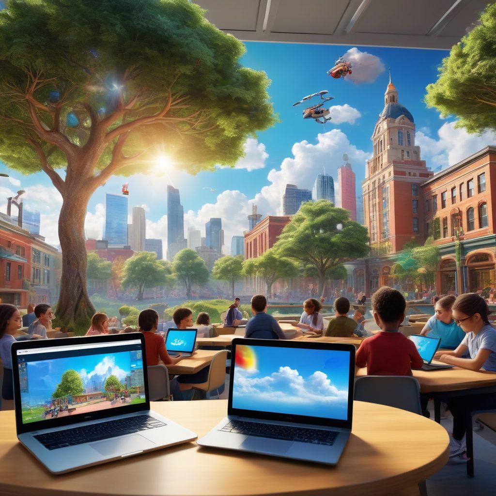 A visually appealing digital classroom filled with diverse students engaging with various learning tools like laptops, tablets, and virtual reality headsets. Bright colors illuminate the scene, highlighting joyful expressions and interactions among peers. The background features a vibrant city skyline blending with educational icons like books and gears, symbolizing skill acquisition. Include elements of nature, such as trees and clouds, to represent balance in learning. super-realistic. vibrant colors. 3D.
