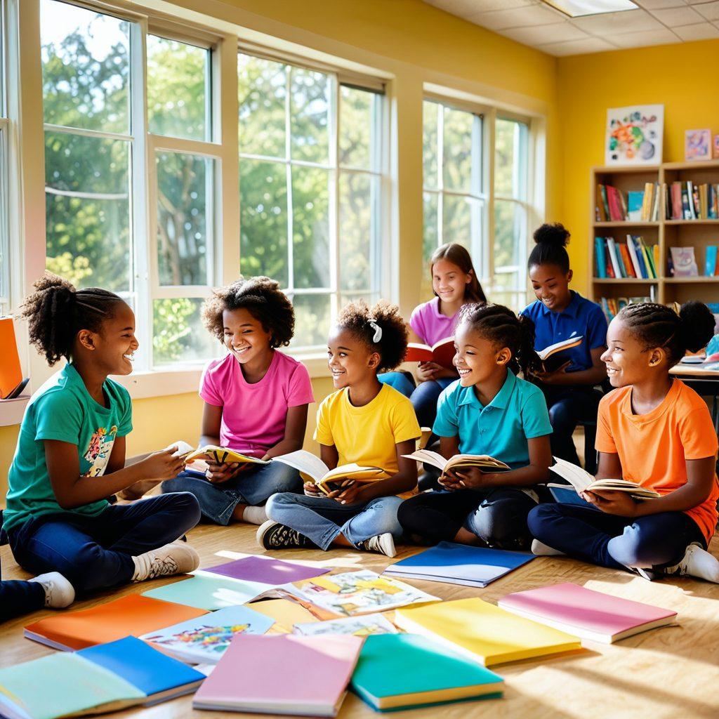 A vibrant, dynamic classroom filled with diverse students engaged in joyful learning activities; colorful books scattered around, shining light through large windows highlighting their excited faces. A visible transformation aura radiating around them symbolizing growth and euphoria. Soft pastel colors with a hint of magic. super-realistic. vibrant colors.